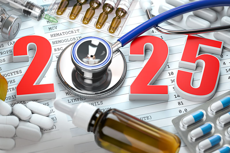 The year 2025 is surrounded by medications and a stethoscope, indicating healthcare innovations to know about in 2025.